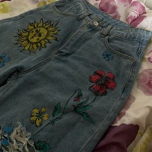 Ripped aesthetic sun and flower jeans from shein